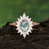 1 Carat Oval Cut Cluster Moss Agate Engagement Ring Vintage Halo Bridal Ring